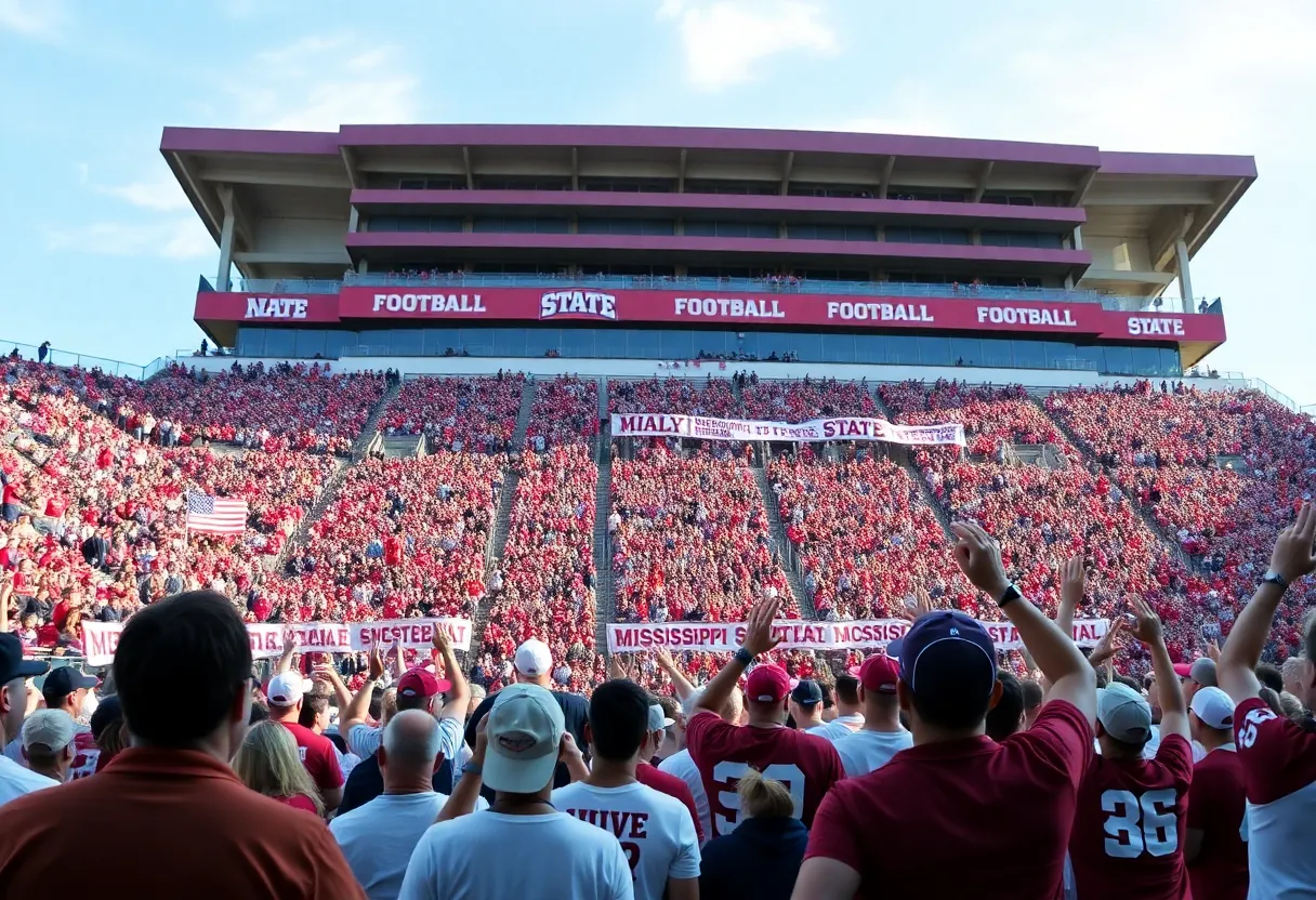 Fans cheering for Mississippi State football team in the stadium