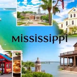 A collage of Mississippi towns including Biloxi, Oxford, and Vicksburg