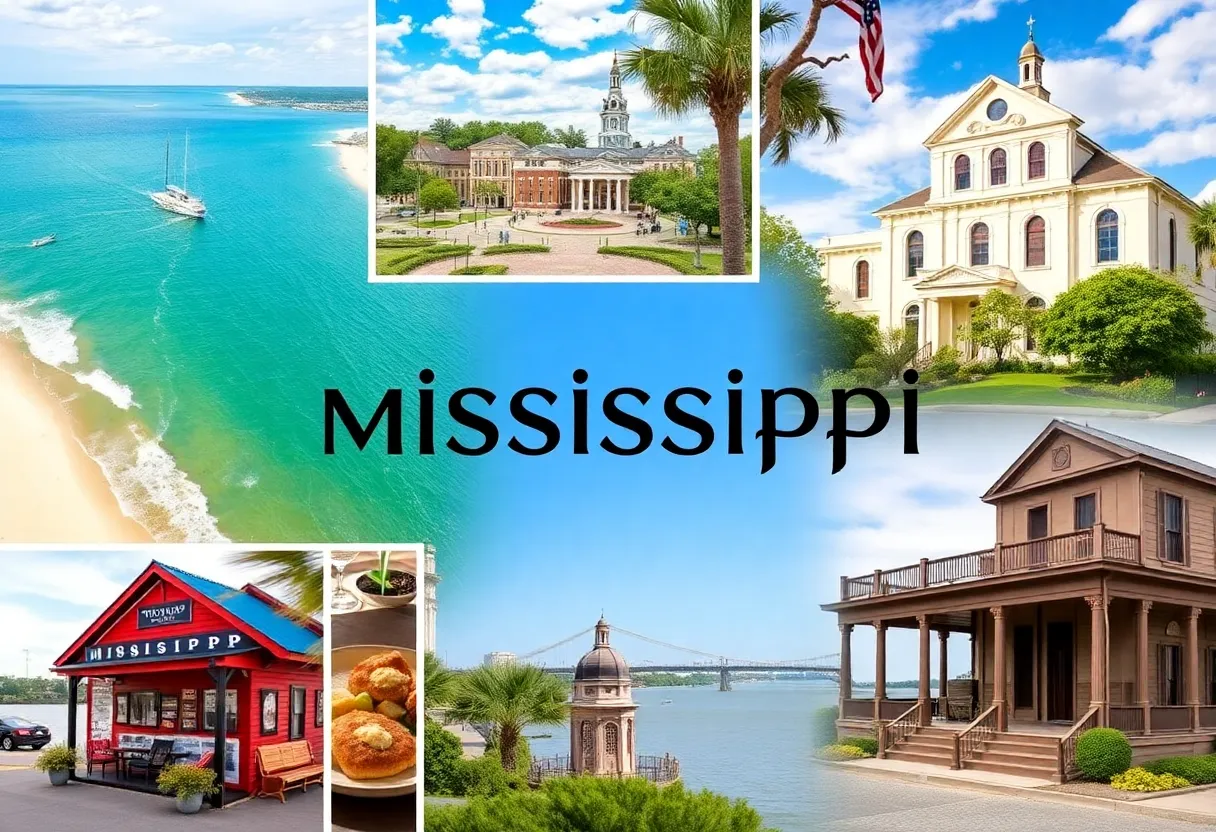 A collage of Mississippi towns including Biloxi, Oxford, and Vicksburg