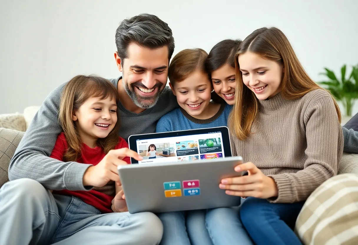 A family enjoying digital content together with a tablet.