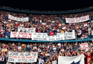 Fans in NFL stadium holding banners for victims of violence