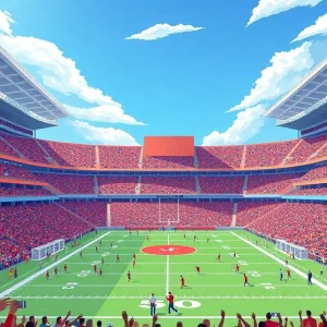 A crowded college football stadium with fans cheering during the Ole Miss vs Arkansas game.