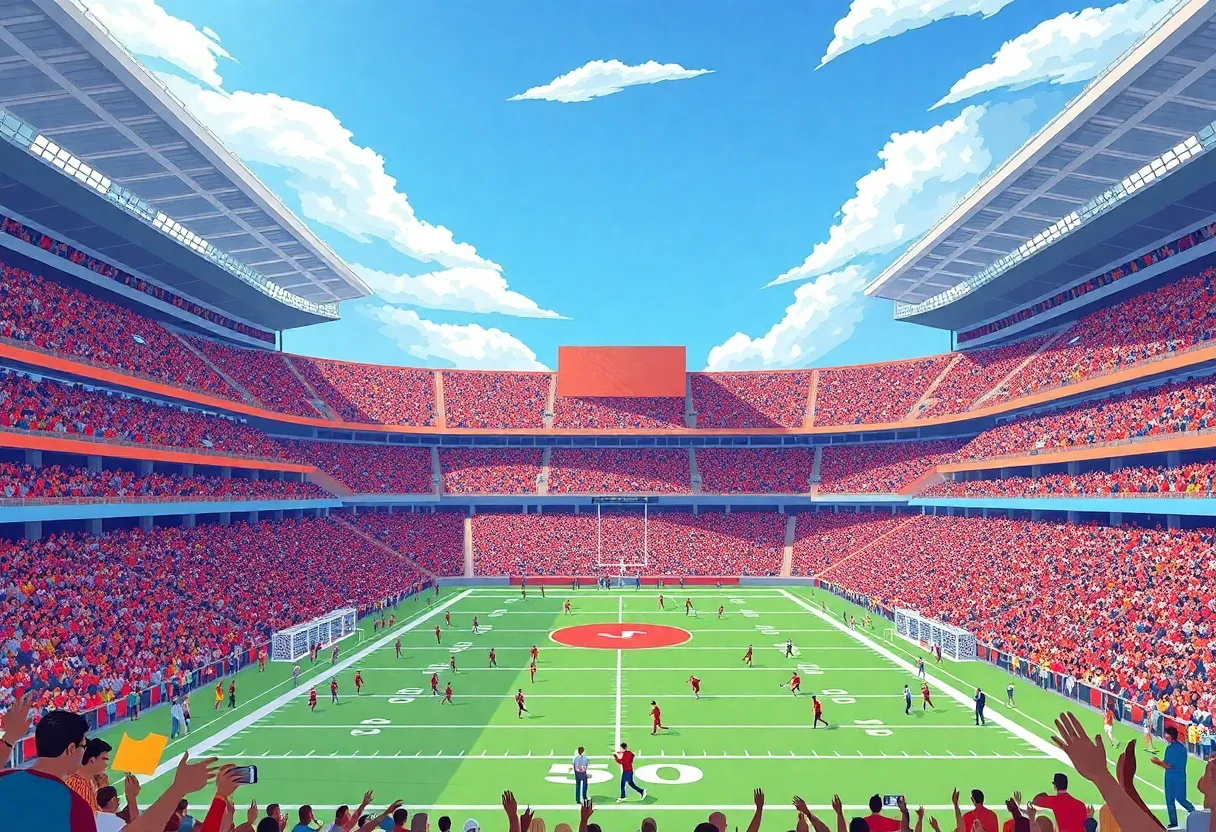 Football fans cheering for Ole Miss Rebels and Arkansas Razorbacks.