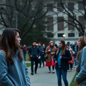 Students discussing on a university campus amidst recent political events.