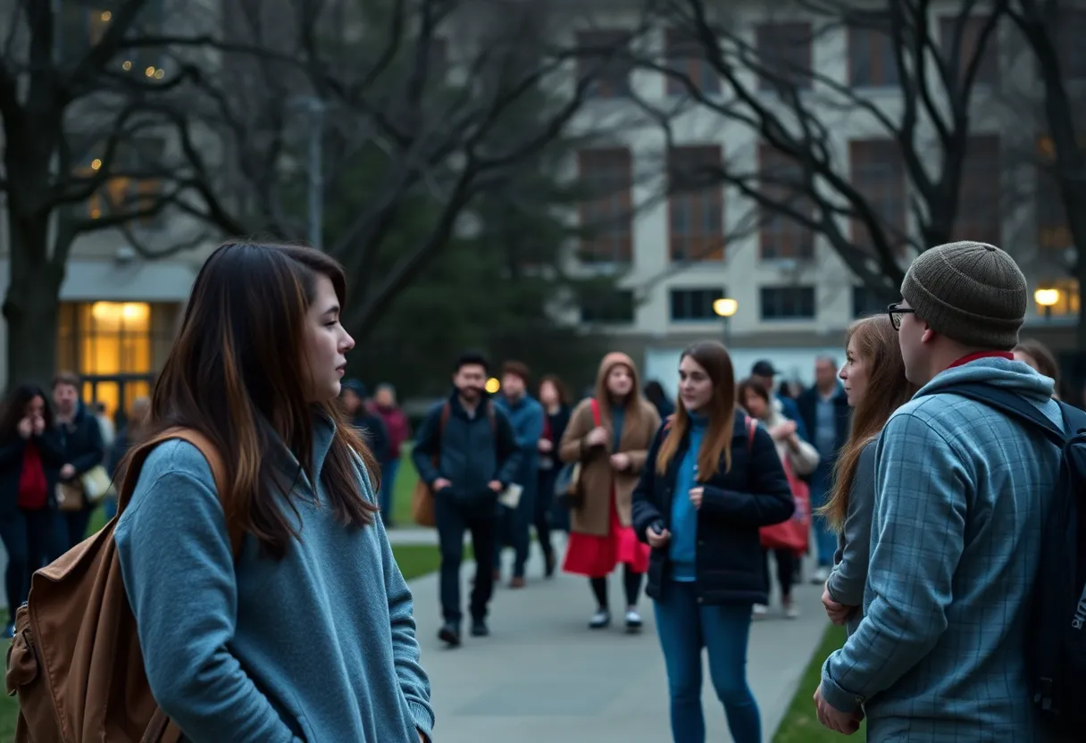 Students discussing on a university campus amidst recent political events.