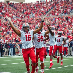 Ole Miss football team celebrating in the stadium after a win
