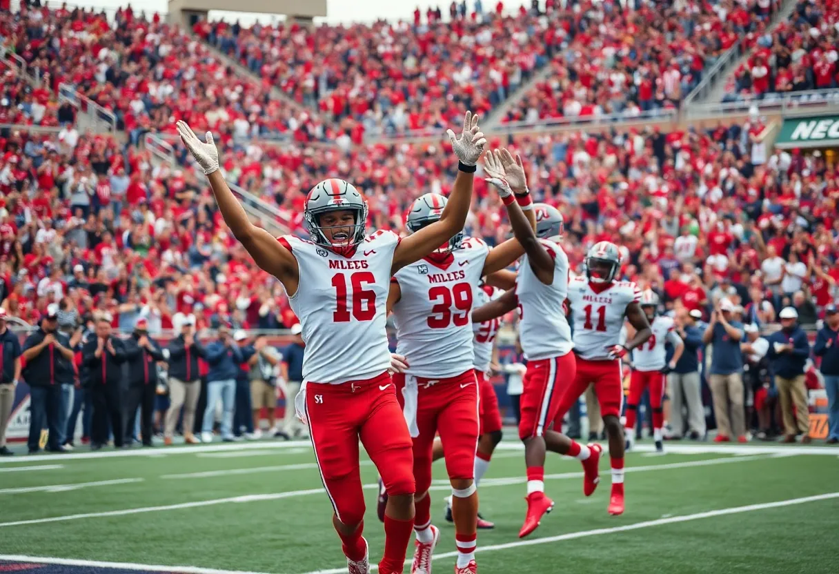 Ole Miss football team celebrating in the stadium after a win