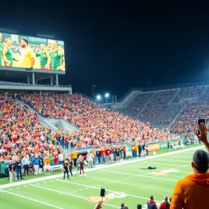 Fans cheering at Ole Miss football game against Arkansas
