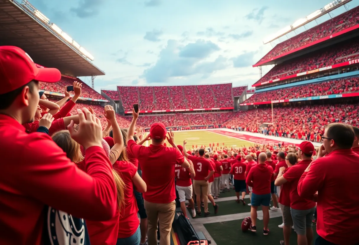 Fans cheering for Ole Miss football in vibrant stadium atmosphere.
