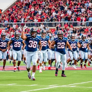 Ole Miss Rebels football team celebrating victory at Vaught-Hemingway Stadium