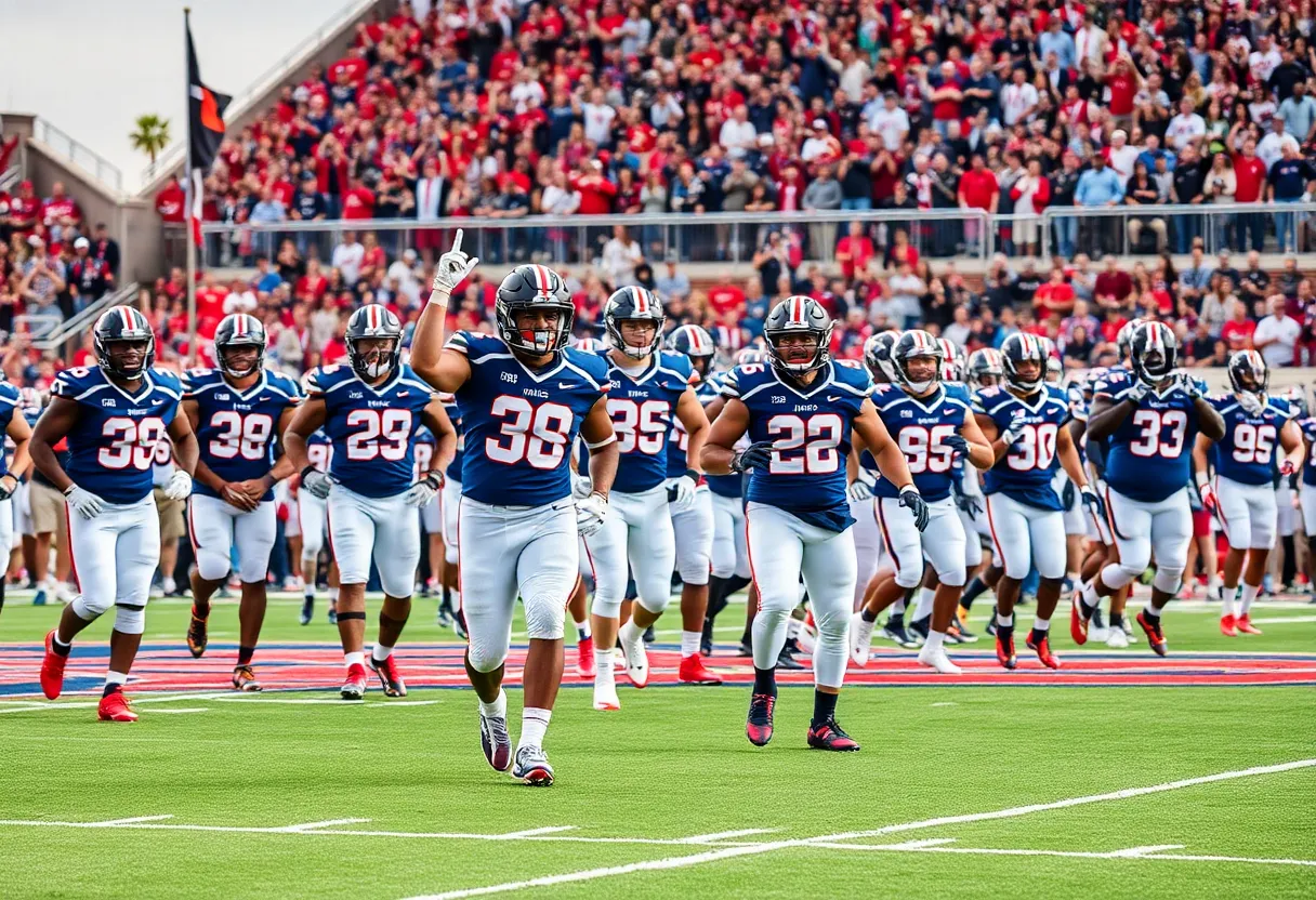 Ole Miss Rebels football team celebrating victory at Vaught-Hemingway Stadium