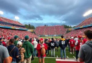 Tailgating scene at Ole Miss football game with enthusiastic fans and team flags.