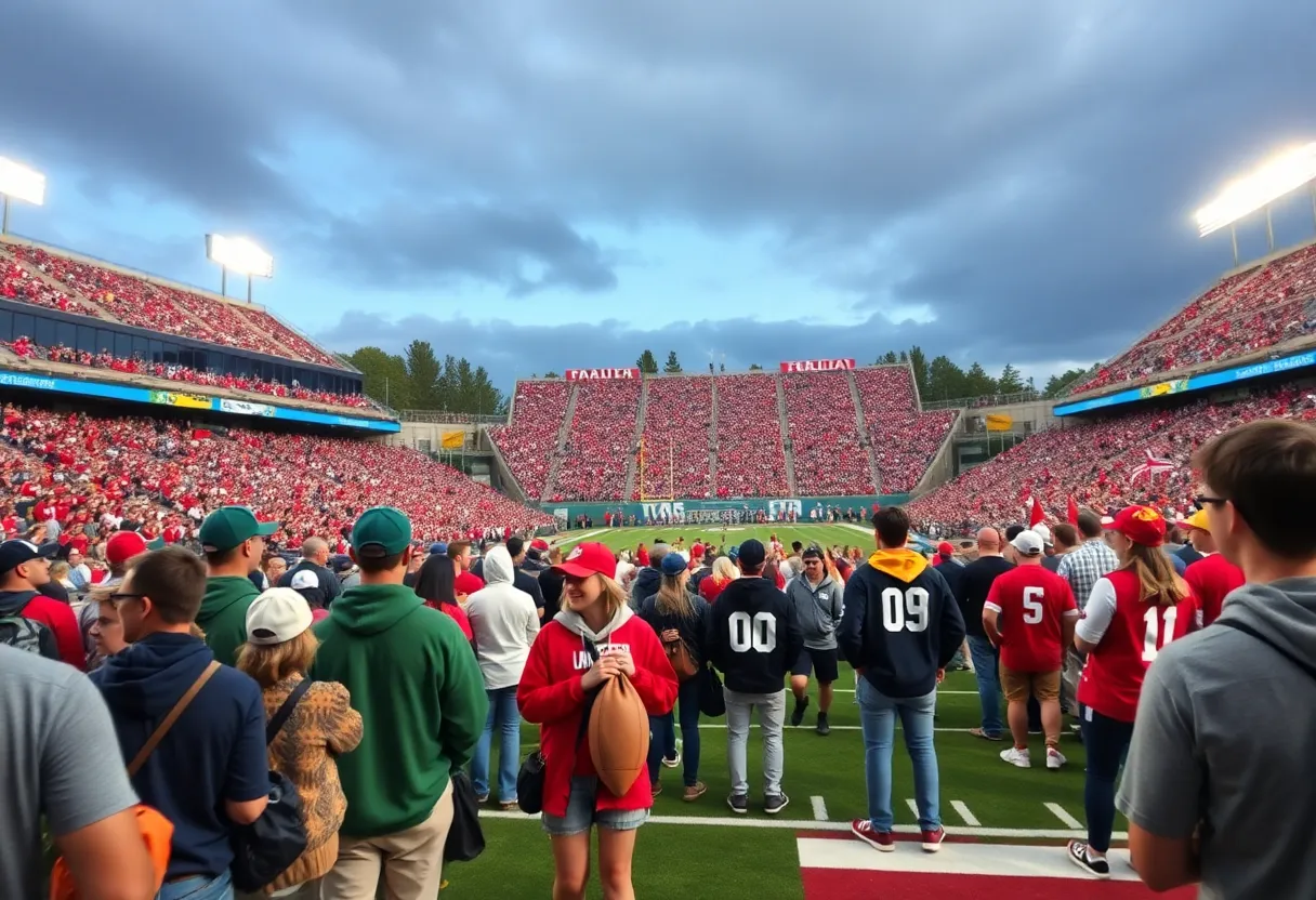 Tailgating scene at Ole Miss football game with enthusiastic fans and team flags.