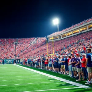 Fans at Ole Miss football game wearing team colors