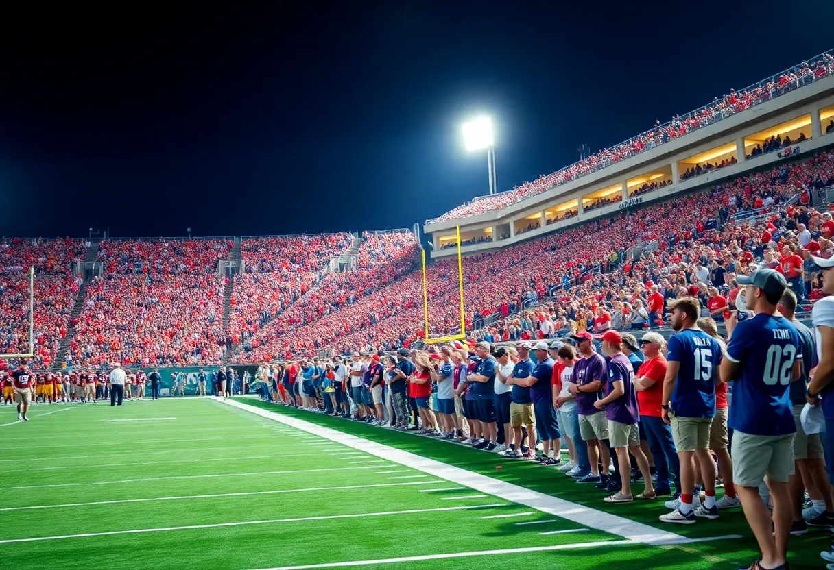 Fans at Ole Miss football game wearing team colors