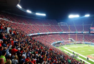 College football fans at Vaught-Hemingway Stadium cheering for Ole Miss