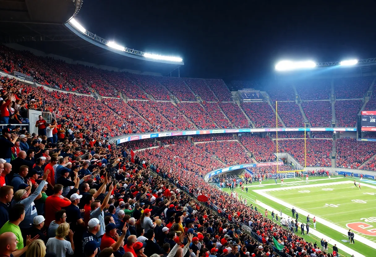 College football fans at Vaught-Hemingway Stadium cheering for Ole Miss