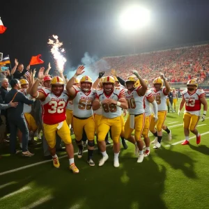 Ole Miss Rebels football team celebrates victory on the field