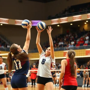 A volleyball match between Ole Miss and Miami, featuring players on the court.