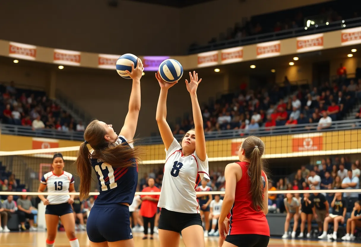 A volleyball match between Ole Miss and Miami, featuring players on the court.