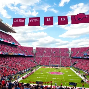 Fans cheering in the stadium for Ole Miss vs Arkansas game