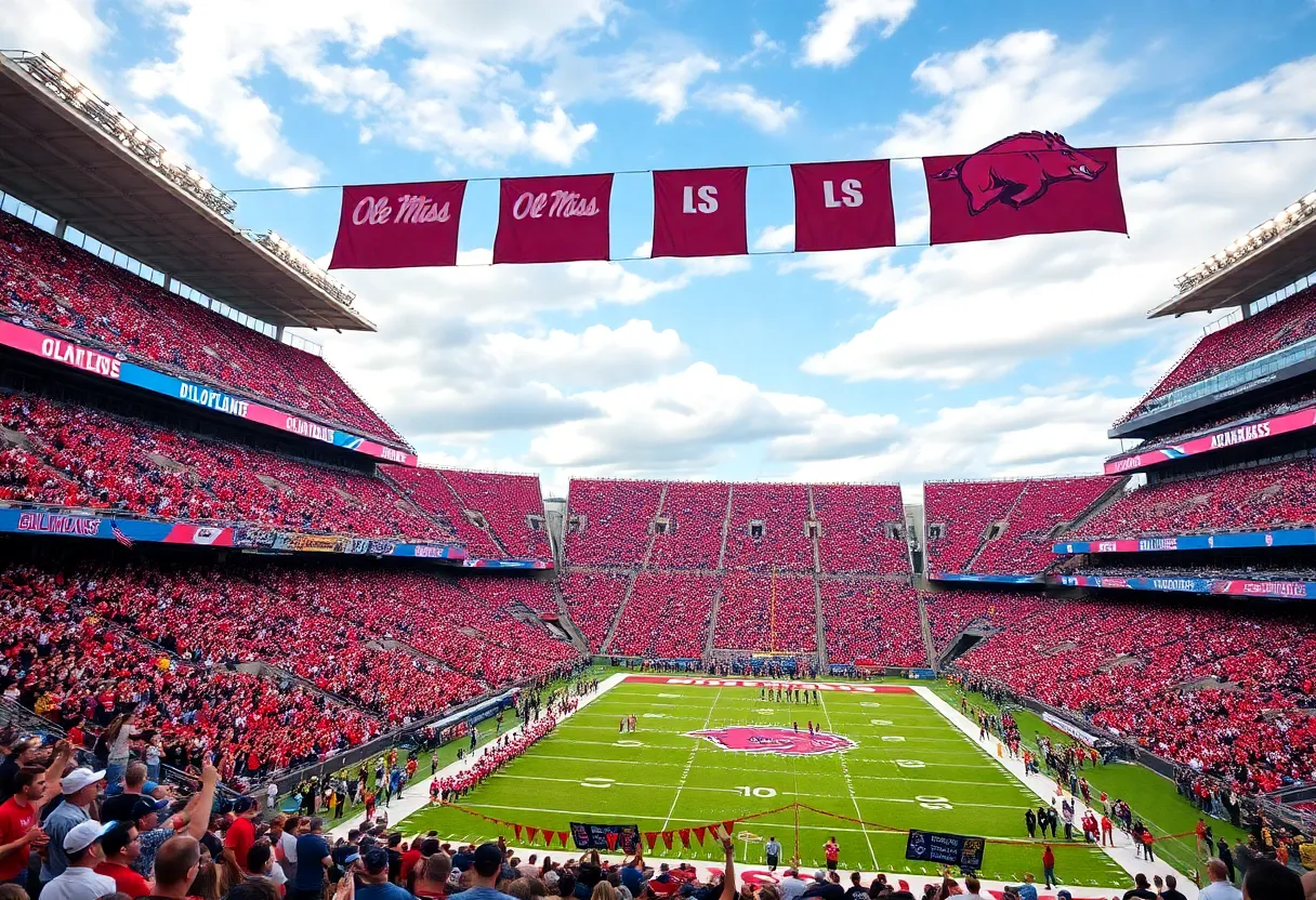 Fans cheering in the stadium for Ole Miss vs Arkansas game