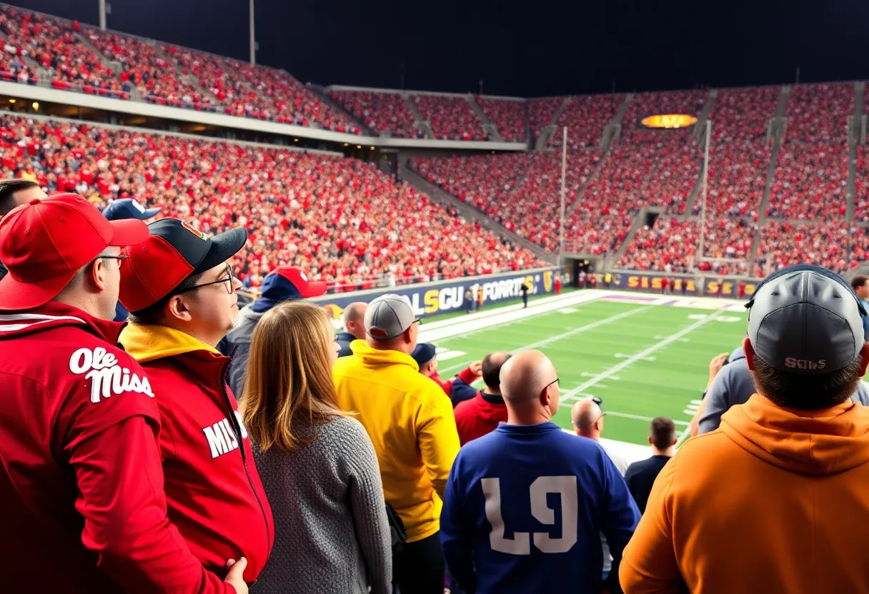 Fans cheering at Ole Miss vs LSU football game