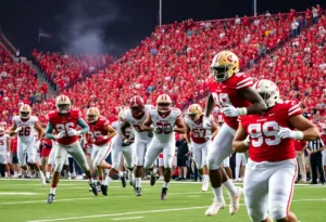 Ole Miss football players celebrating a victory over LSU in the Magnolia Bowl.