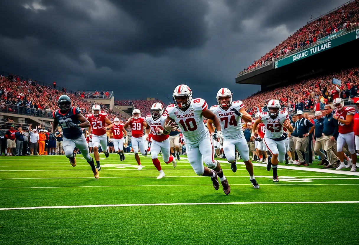 College football game between Ole Miss and Tulane with players in action
