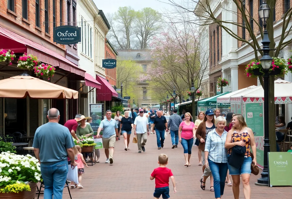 Street festival in Oxford MS with people enjoying local food and arts.