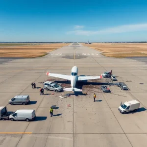Aerial view of a private plane crash site with emergency responders