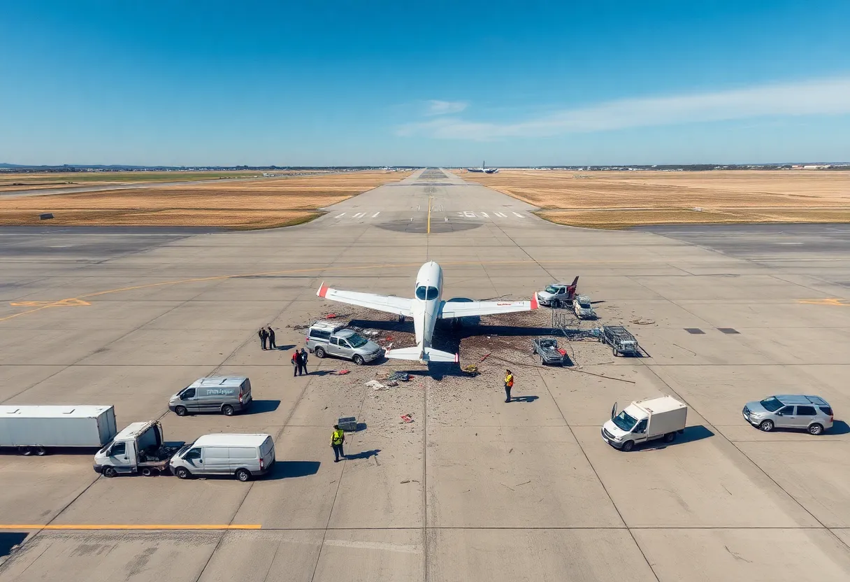 Aerial view of a private plane crash site with emergency responders