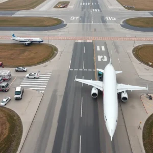Emergency response vehicles at the scene of the plane crash at University-Oxford Airport.
