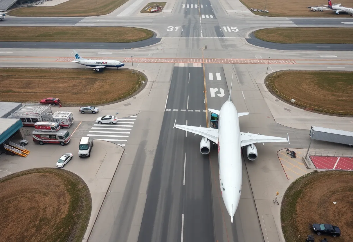 Emergency response vehicles at the scene of the plane crash at University-Oxford Airport.