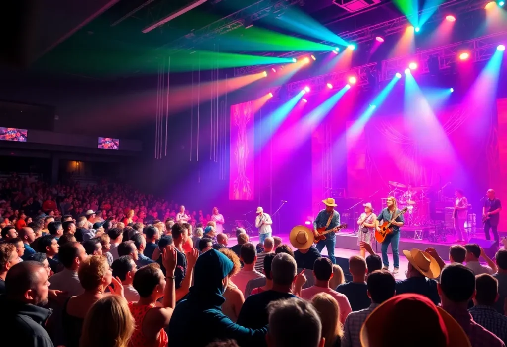 A lively concert audience enjoying a country music performance on stage.