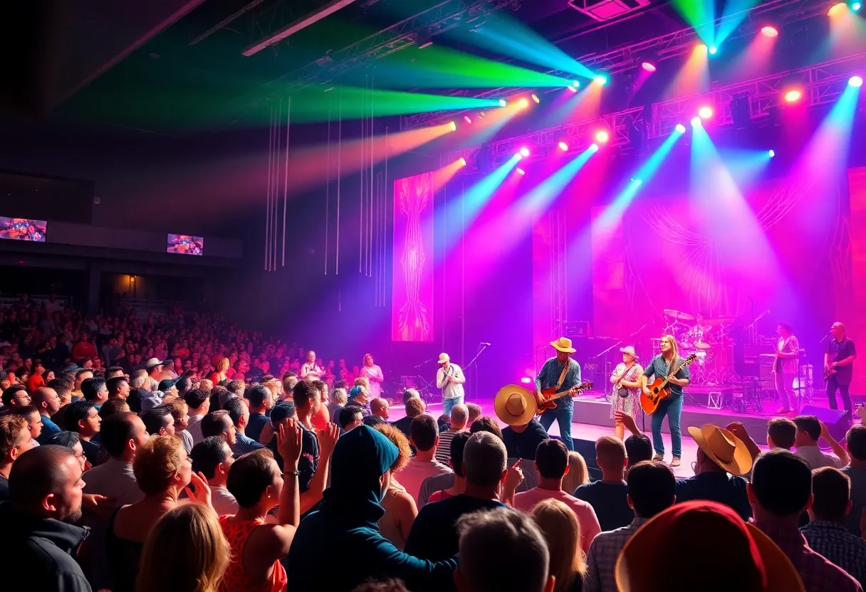 A lively concert audience enjoying a country music performance on stage.