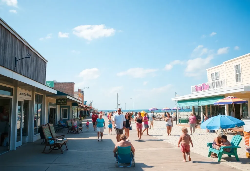 View of Pascagoula Beach and downtown area with sunny skies