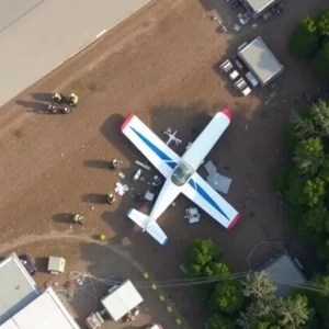 Emergency personnel at the crash site of a small plane at University-Oxford Airport.