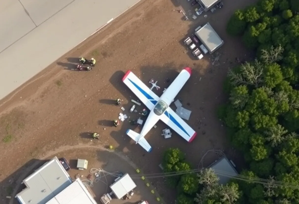 Emergency personnel at the crash site of a small plane at University-Oxford Airport.