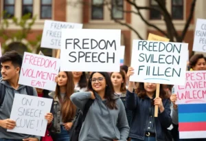 Students protesting against political violence and advocating for freedom of speech on campus.