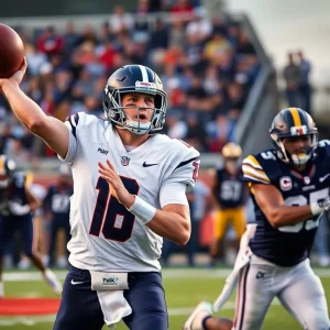 A quarterback in action throwing a football on the field