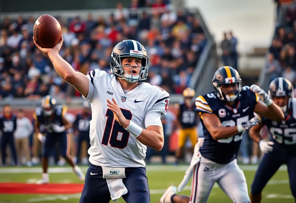 A quarterback in action throwing a football on the field