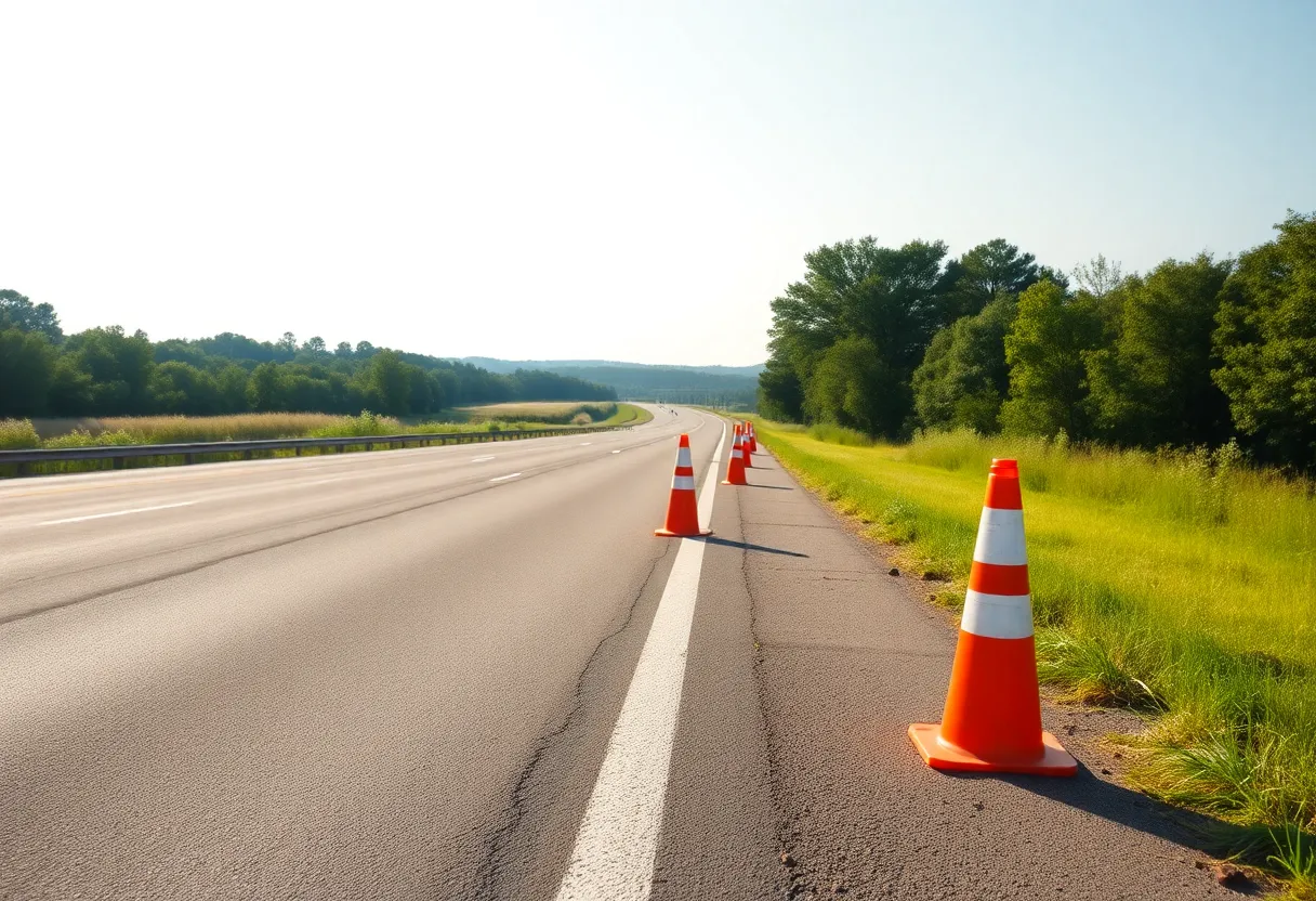 Highway with orange cones marking locations for road safety awareness.