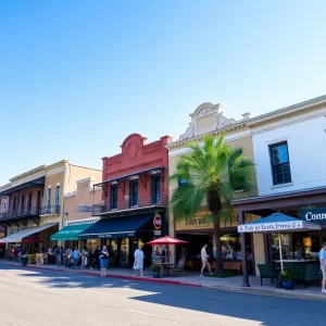 A picturesque view of a Southern downtown area with historic architecture and local shops