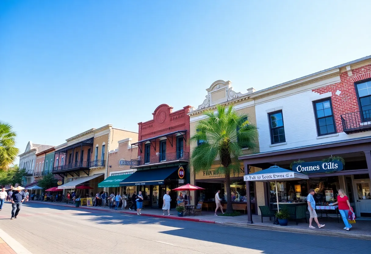 A picturesque view of a Southern downtown area with historic architecture and local shops