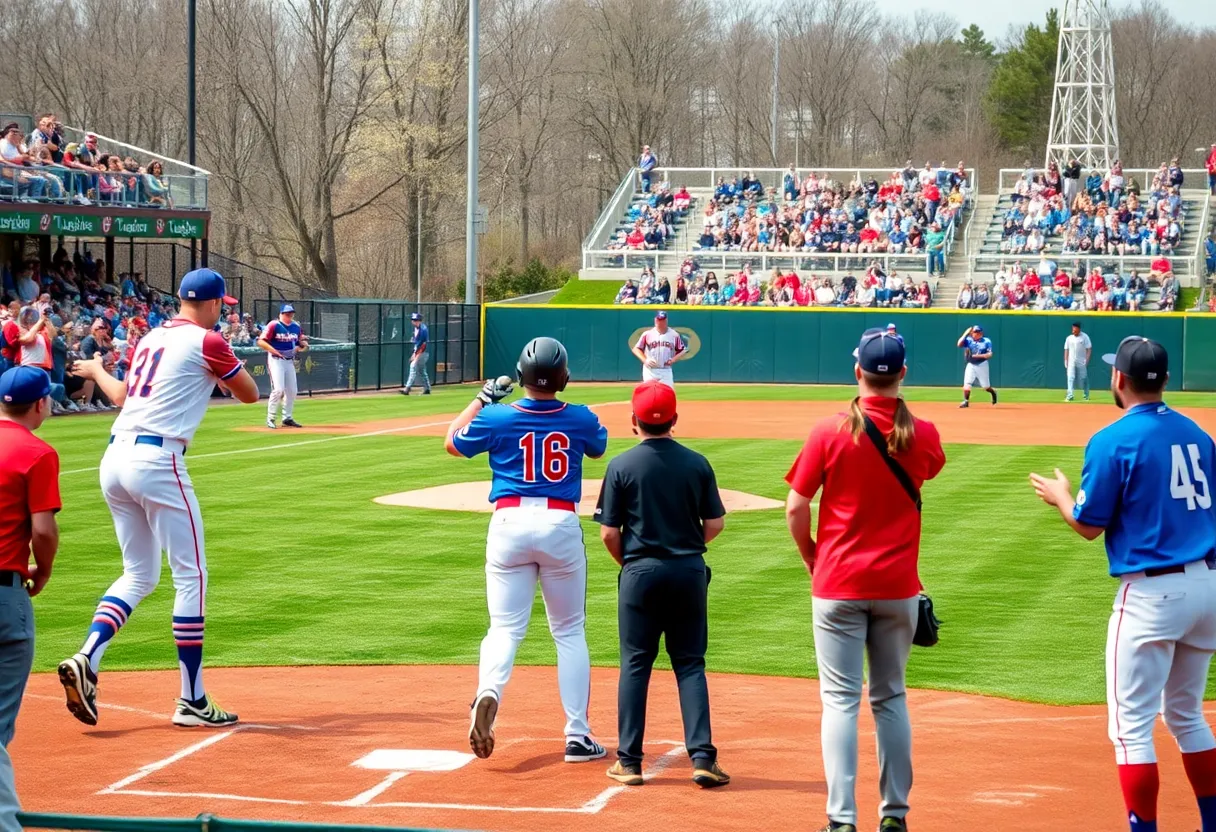 Teams playing baseball on a sunny spring day