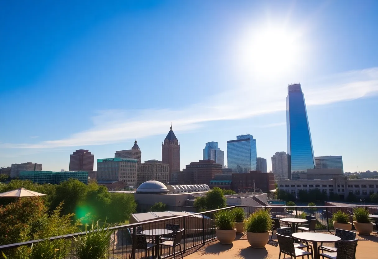View of the Memphis skyline under clear blue skies.