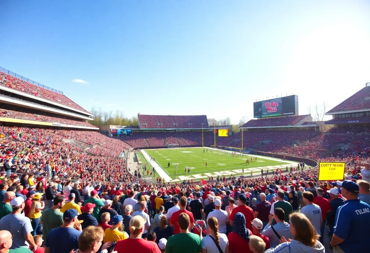 Fans cheering in a college football stadium during the Tulane vs Ole Miss game.