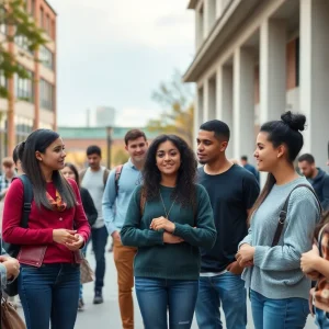 A diverse group of students discussing on a university campus.