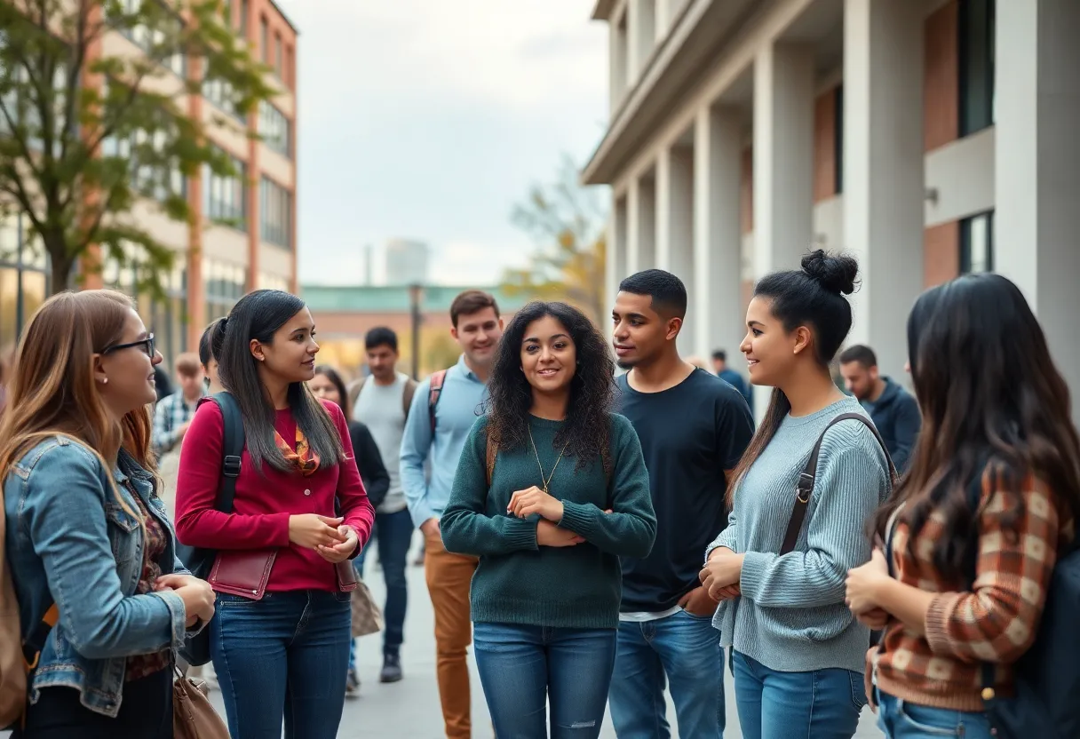 A diverse group of students discussing on a university campus.
